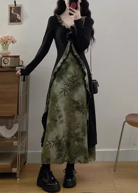 Vintage Tea Green Ruffled Patchwork Bamboo Print Cotton Dress Fall