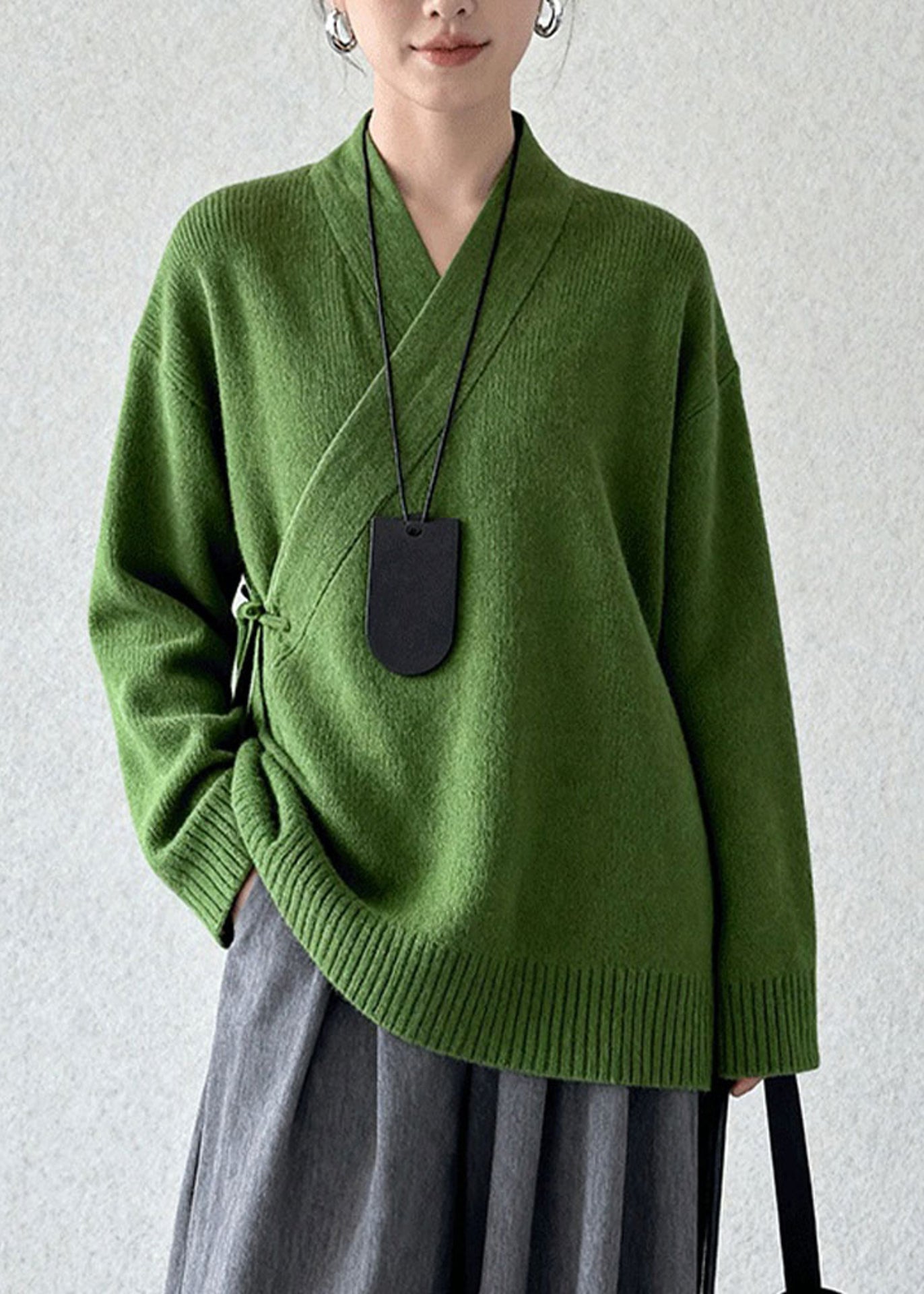 Vintage Tea Green Tie Waist Knit Sweaters Winter