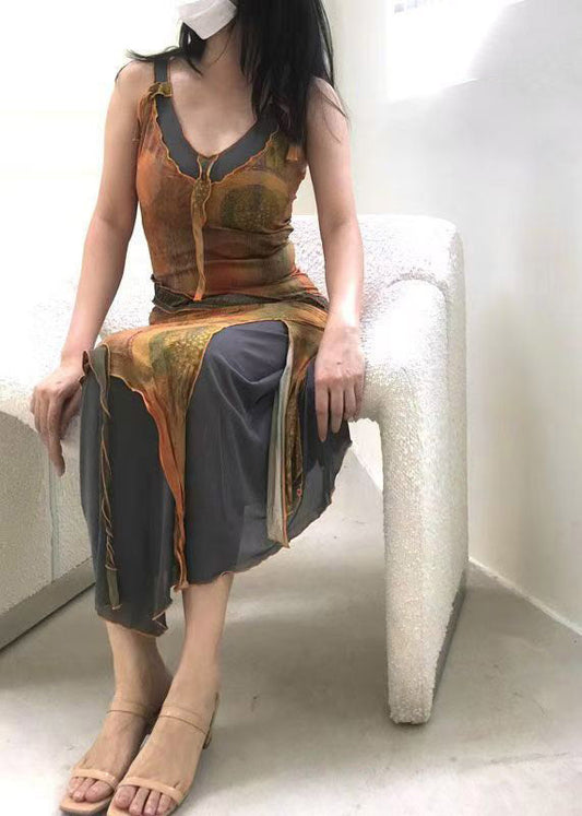 Vintage V Neck Asymmetrical Print Tulle Patchwork Long Spaghetti Strap Dress Summer