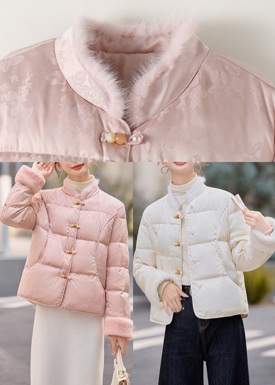Vintage White Chinese Button Patchwork Mink Hair Duck Down Winter Coats