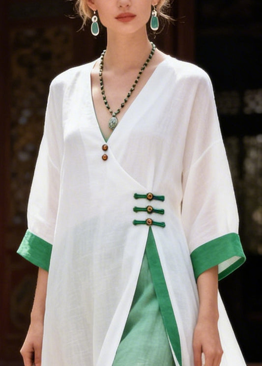 Vintage White Patchwork Chinese Button Cotton Oriental Dress Summer