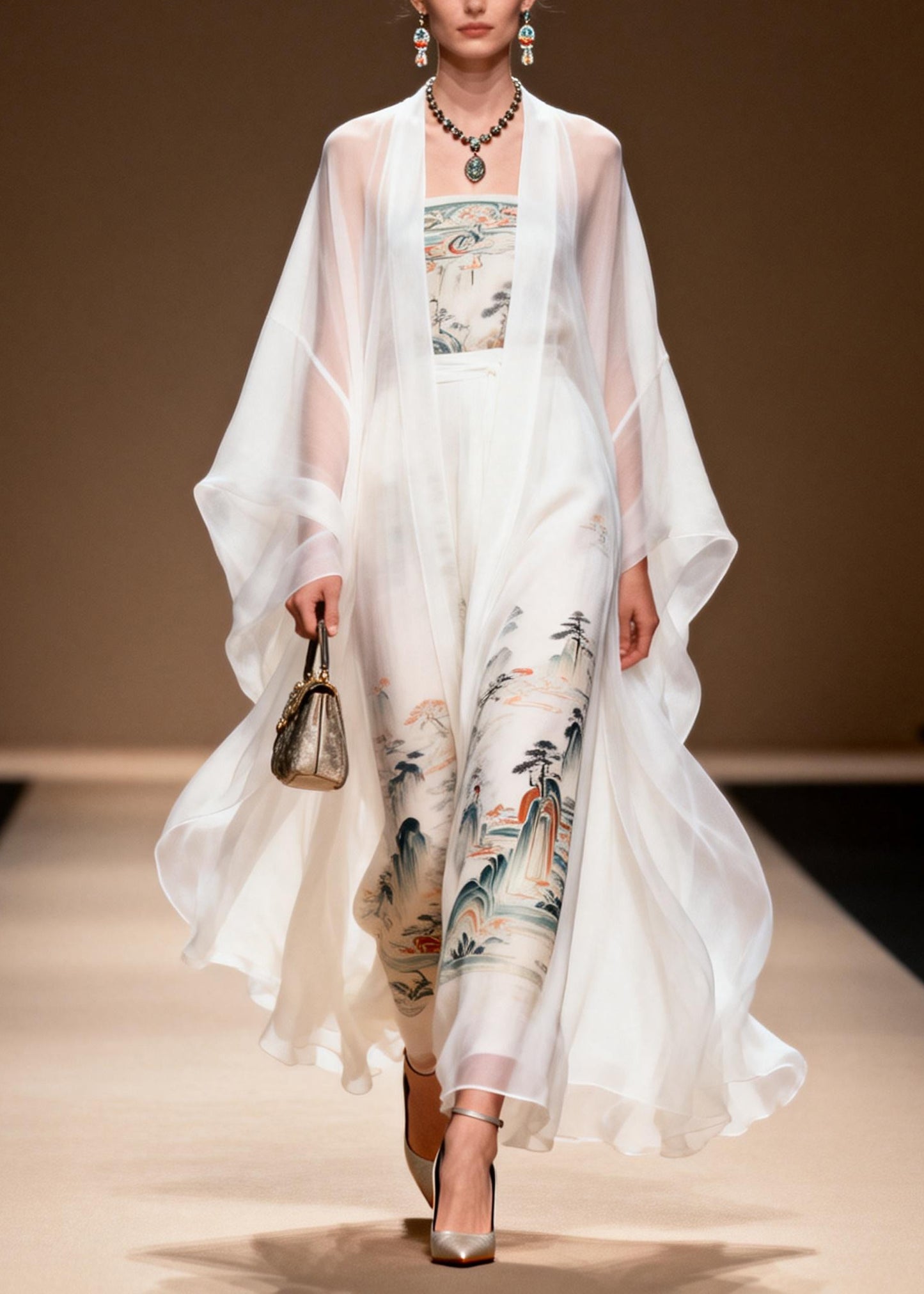 Vintage White Print Chiffon Dress Two Piece Set Summer