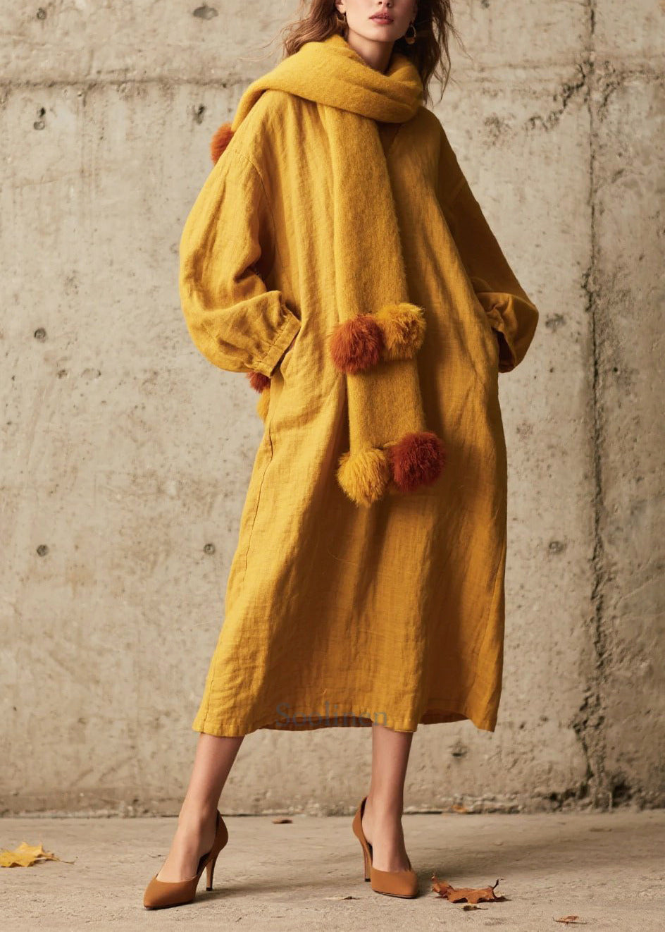 Vintage Yellow Oversized Cotton Ankle Dress Fall