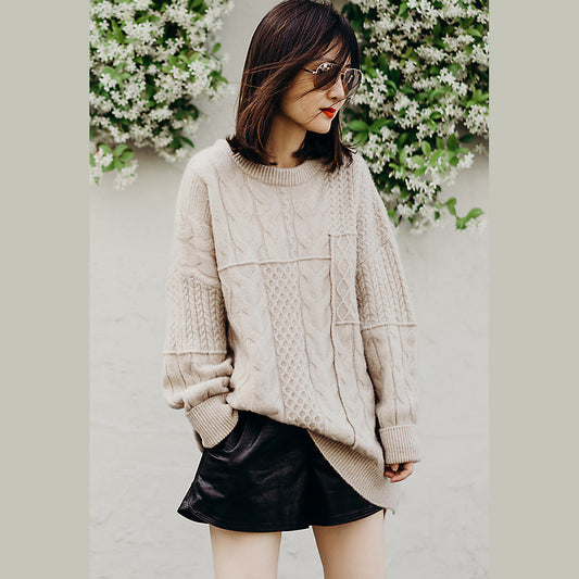 Vintage beige patchwork knitted pullover plus size stand collar knit sweat tops spring