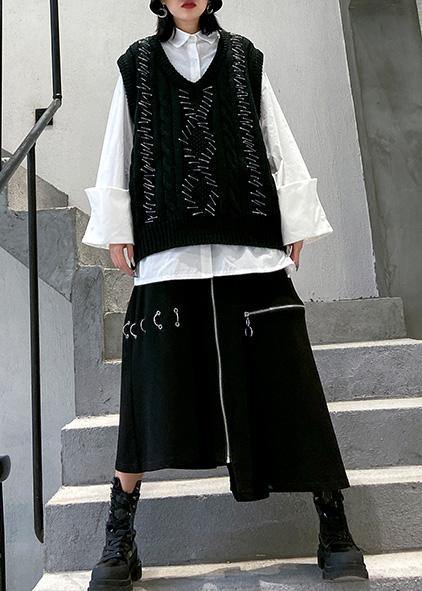 Vintage black knit blouse sleeveless plus size v neck knit sweat tops - SooLinen