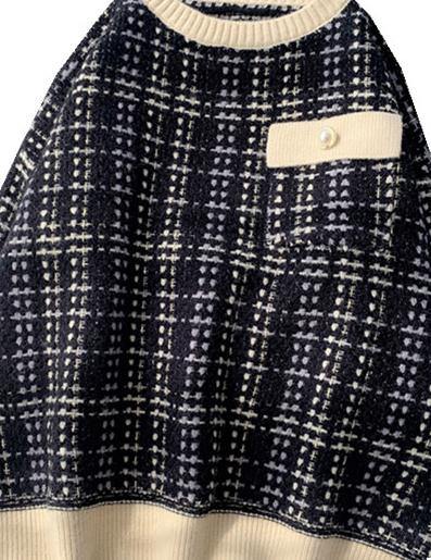 Vintage black plaid clothes For Women o neck patchwork oversize knitwear - SooLinen