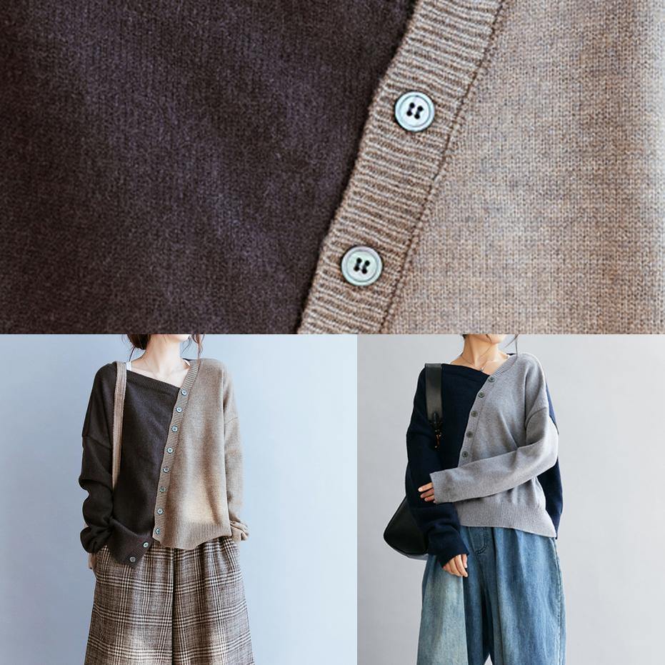Vintage blue clothes v neck patchwork Loose fitting fall sweaters - SooLinen