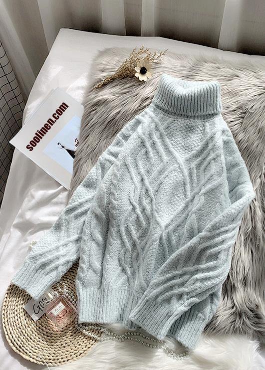 Vintage blue clothes warm casual high neck knitwear - SooLinen