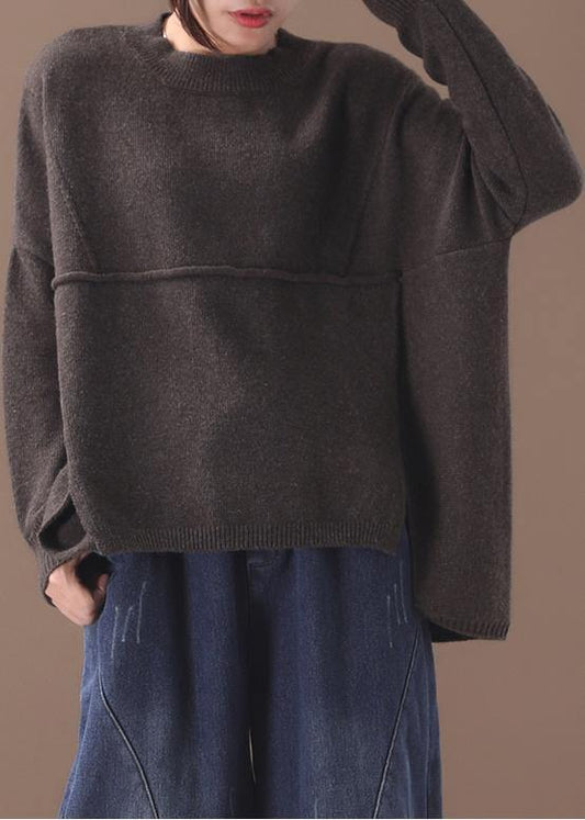 Vintage chocolate knitted top trendy plus size patchwork sweaters asymmetric hem - SooLinen