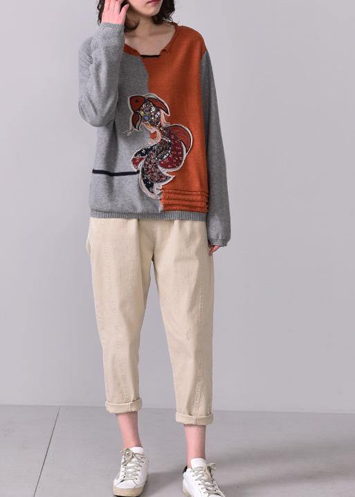 Vintage gray patchwork orange knit t shirt trendy plus size Appliques autumn knitted sweater long sleeve - SooLinen