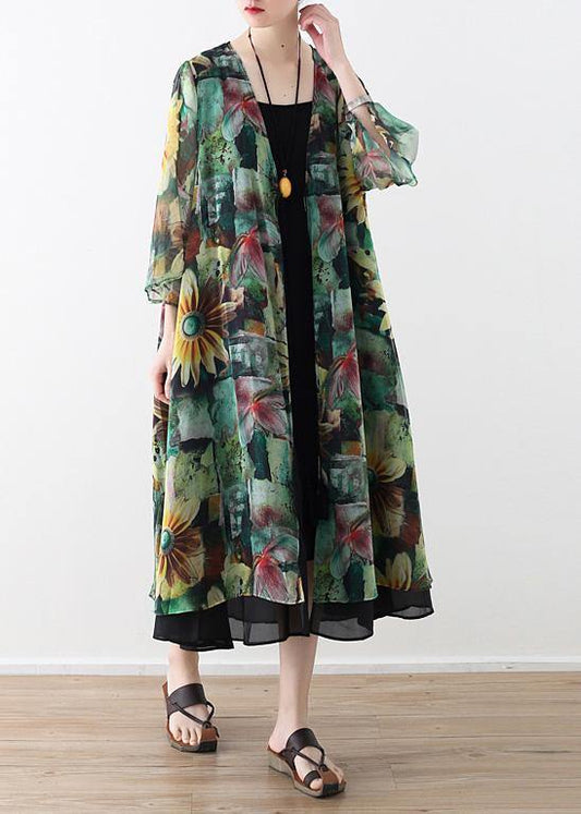 Vintage green print oversized v neck baggy cardigans - SooLinen