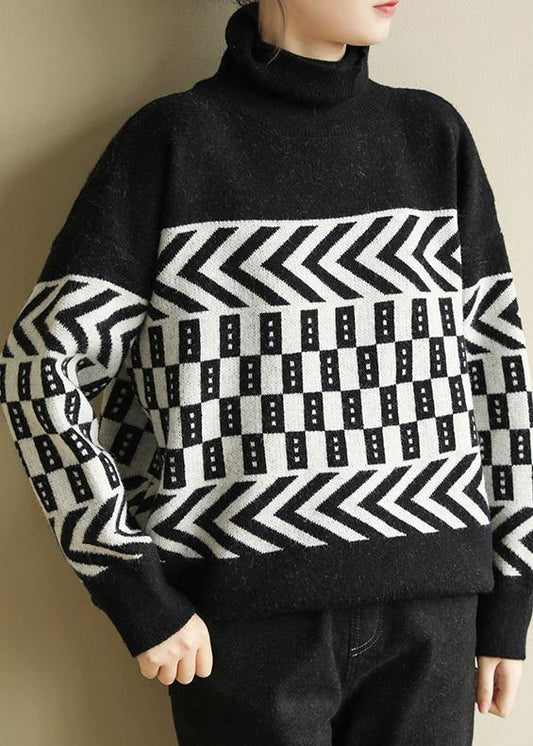 Vintage high neck black knit tops plus size clothing wild sweater tops - SooLinen