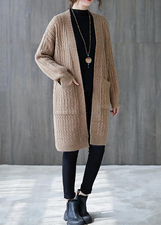 Vintage knit sweat tops trendy plus size khaki pockets baggy coats - SooLinen