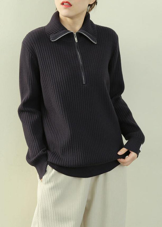 Vintage navy knitted clothes lapel zippered Loose fitting knit tops - SooLinen