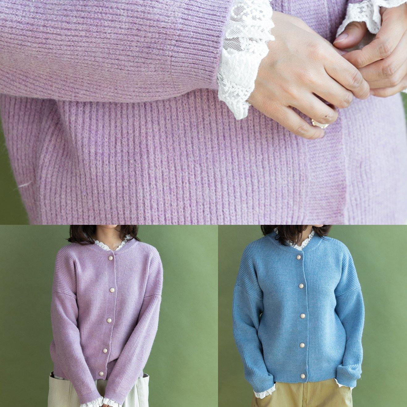 Vintage ruffles collar knitwear plus size pink long sleeve knitted cardigans - SooLinen
