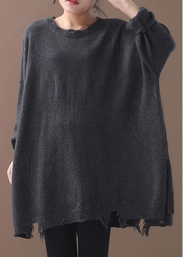 Vintage winter gray knitted blouse plus size Hole knit tops - SooLinen