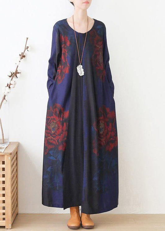 Vivid blue print dress o neck pockets Maxi fall Dress - SooLinen