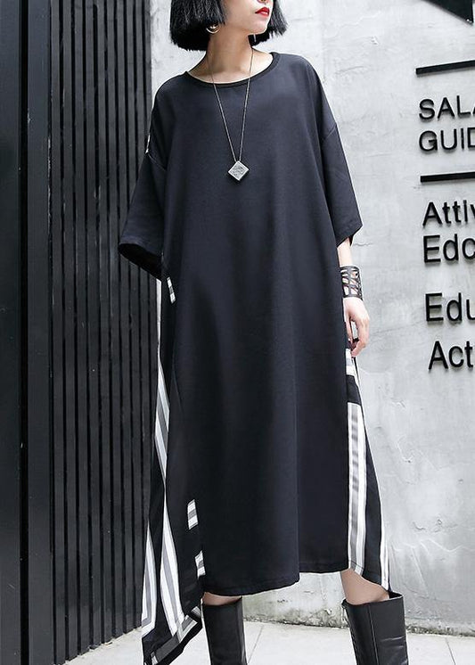 Vivid o neck patchwork cotton dresses Work Outfits black Maxi Dresses summer - SooLinen