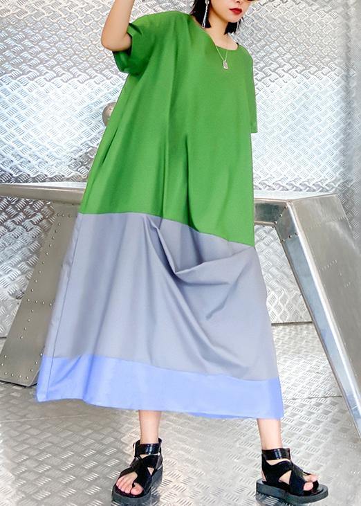 Vivid o neck patchwork summer tunic pattern linen green Plus Size Dress - SooLinen