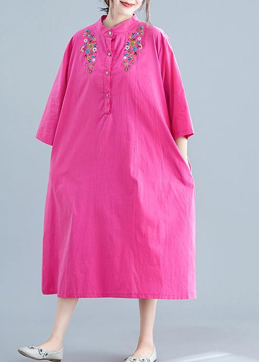 Vivid rose embroidery cotton clothes For Women stand collar pockets Maxi summer Dresses - SooLinen