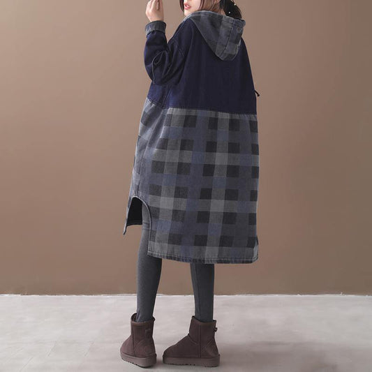 Vivid side open cotton patchwork Tunic Work Outfits blue hooded Maxi Dress - SooLinen