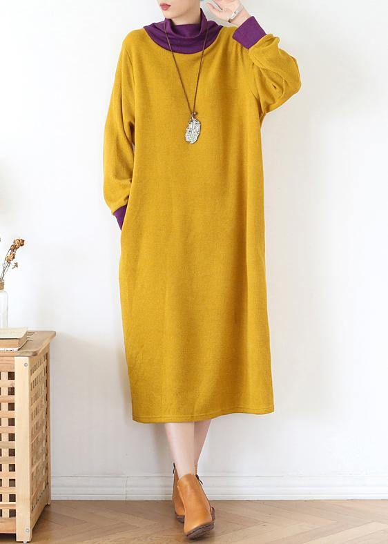 DIY high neck patchwork Tunics Inspiration black loose Dresses - SooLinen