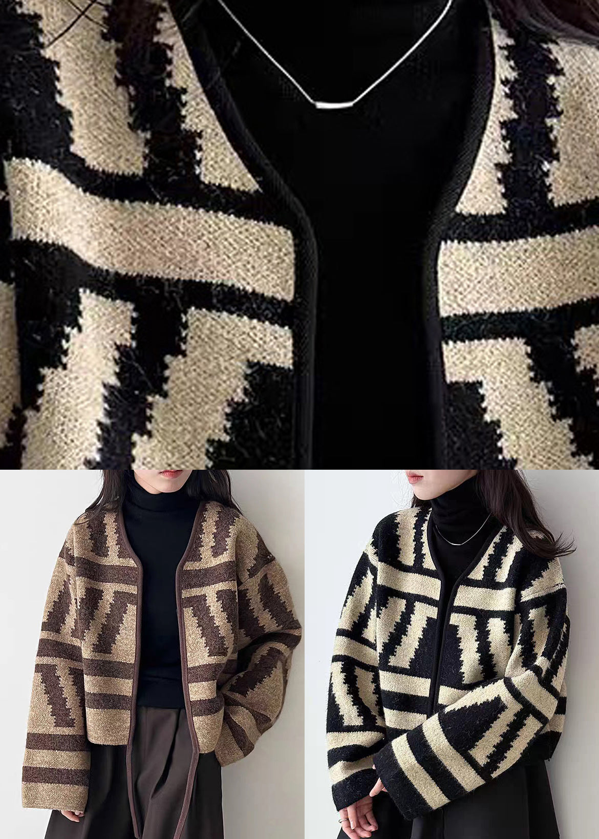 Vogue Black Plaid Cozy Cotton Knit Cardigan Spring
