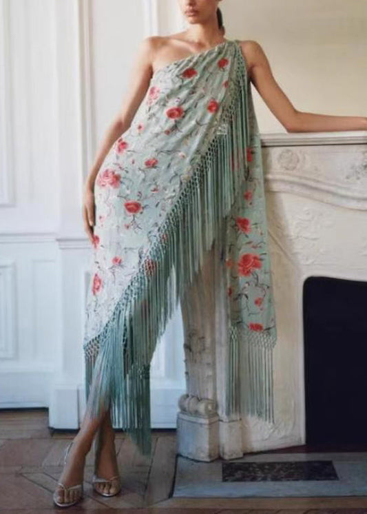 Vogue Green Asymmetrical Tasseled Print Cotton Maxi Dresses Sleeveless