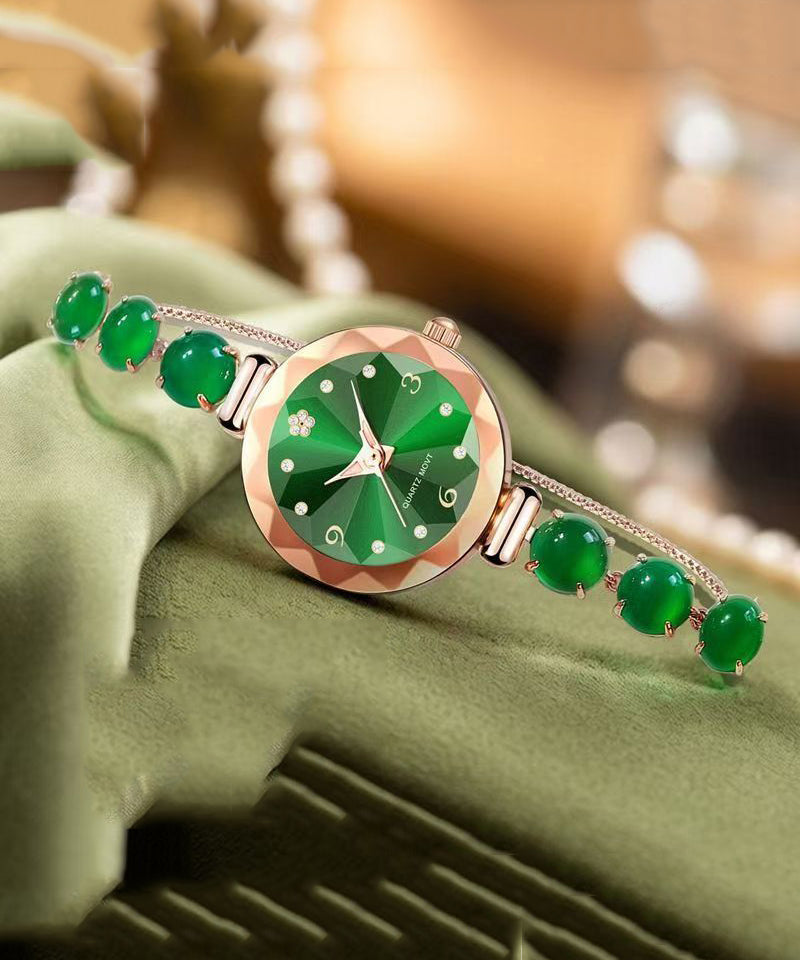 Vogue Green Stainless Steel Alloy Zircon Inlaid Jade Watches