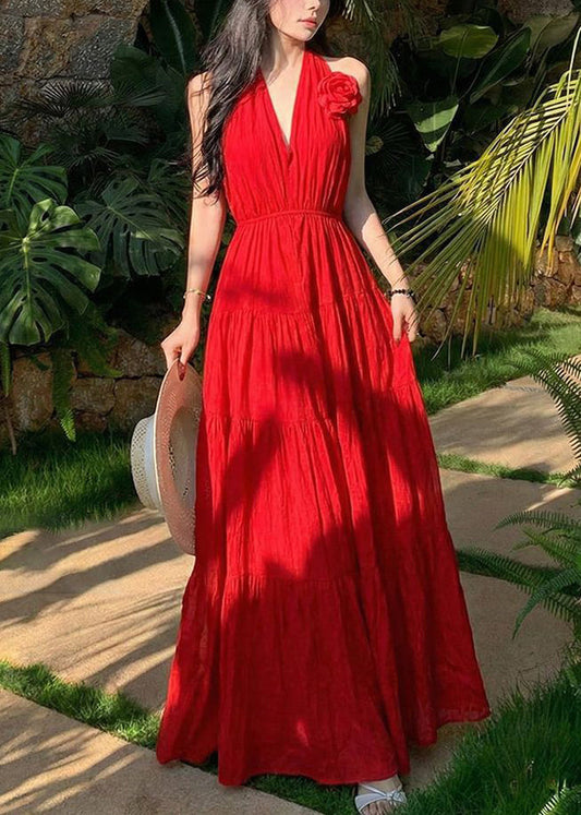 Vogue Red V Neck Halter Cold Shoulder Long Dress Sleeveless