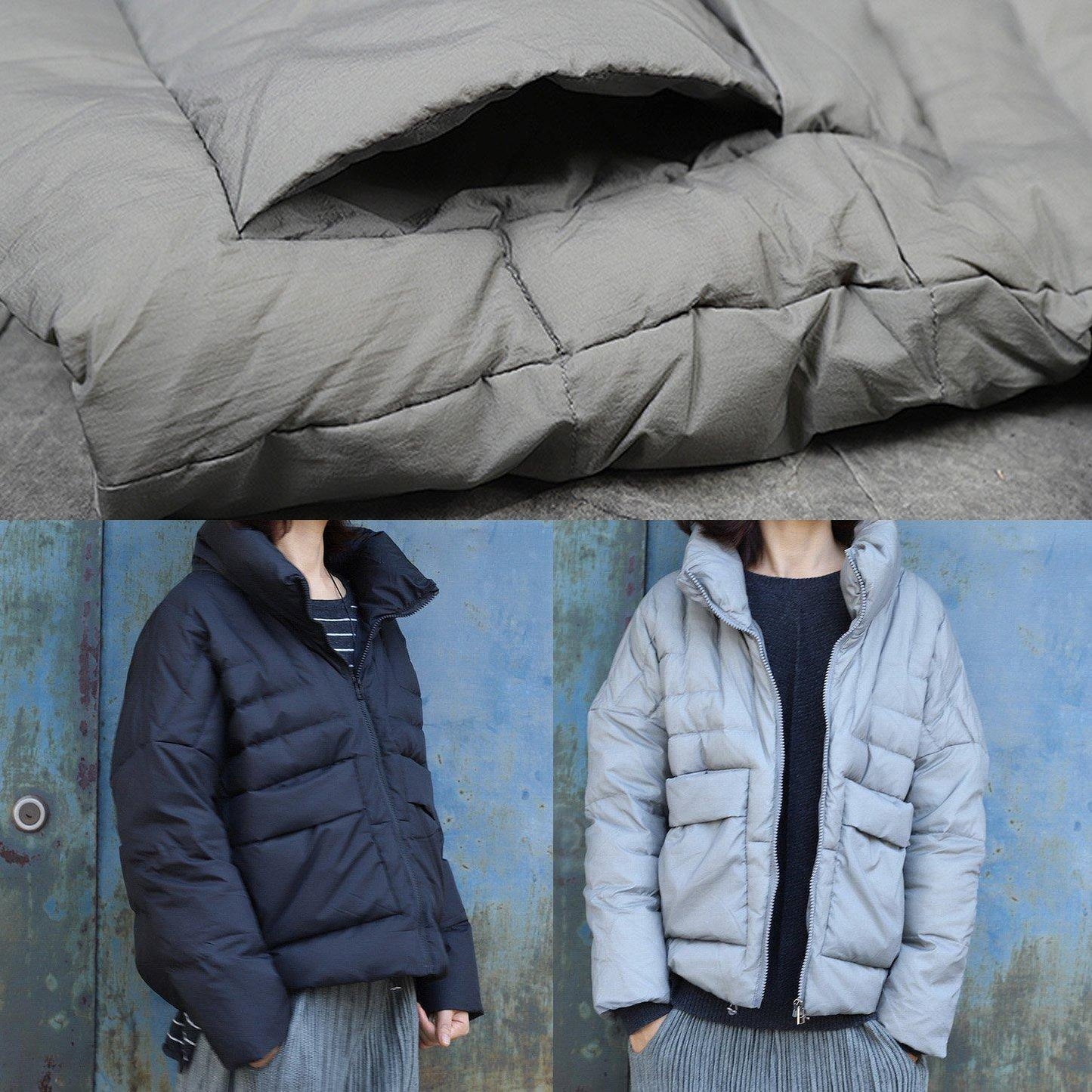 Warm gray overcoat plus size clothing winter jacket stand collar big pockets short winter outwear - SooLinen