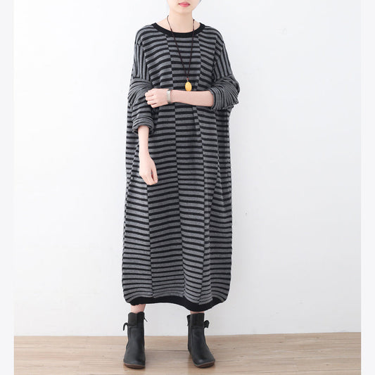 Warm striped knit dresses casual patchwork sweater casual gray pullover sweater