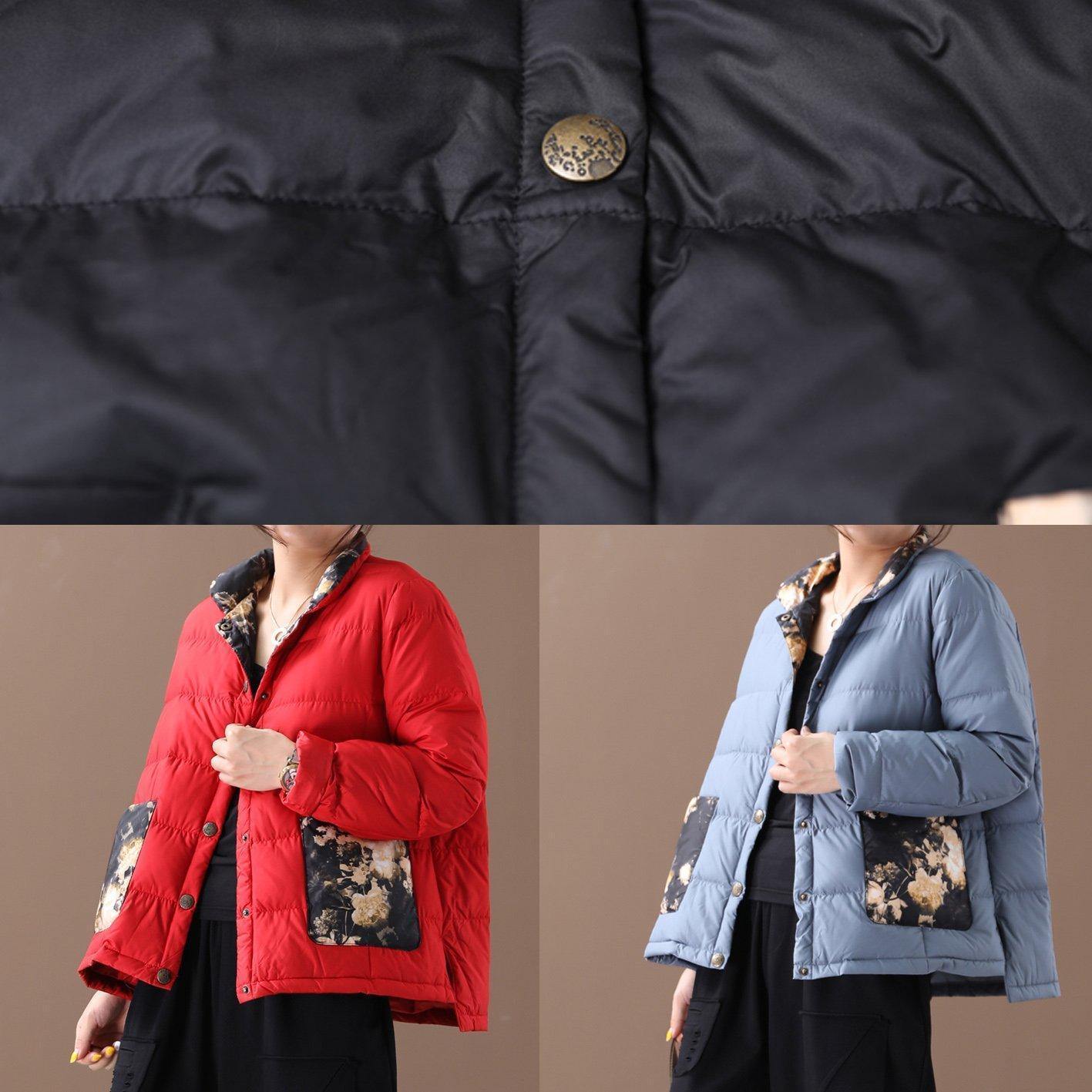 Warm women parka coats black patchwork print stand collar pockets warm winter coat - SooLinen