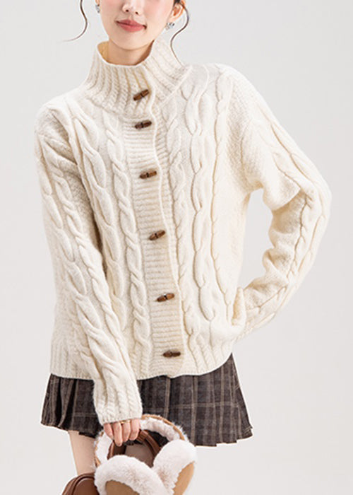 White Button Cozy Knit Winter Coats Stand Collar