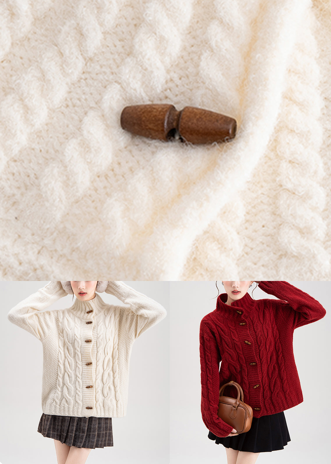 White Button Cozy Knit Winter Coats Stand Collar