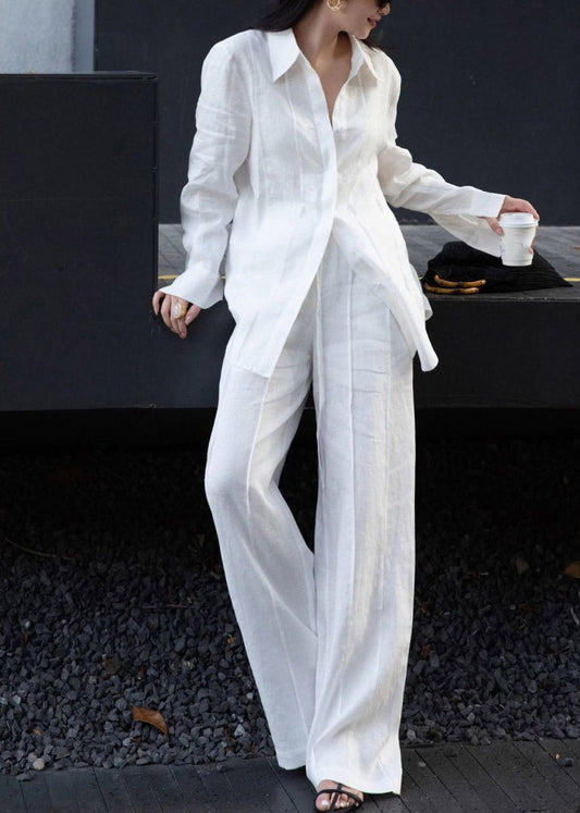 White Button Linen Shirts And Wide Leg Pants Two Pieces Set Spring
