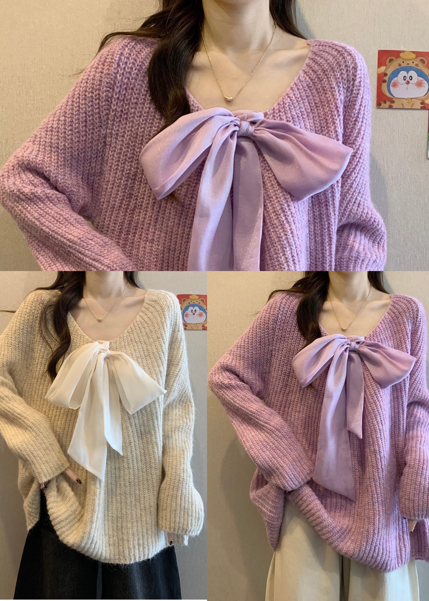White Cozy Knit Sweaters Oversized Bow Winter