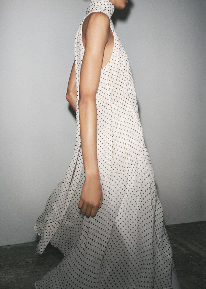 White Dot Side Open Chiffon Long Dress Lace Up Sleeveless