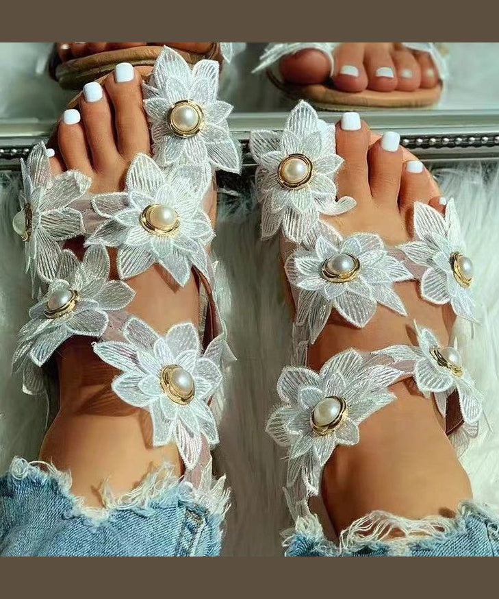 White Floral Nail Bead Boutique Splicing Hiking Sandals