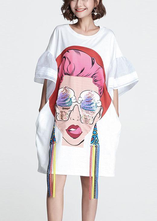 White O-Neck Flare Sleeve Print Summer Vacation Dress - SooLinen