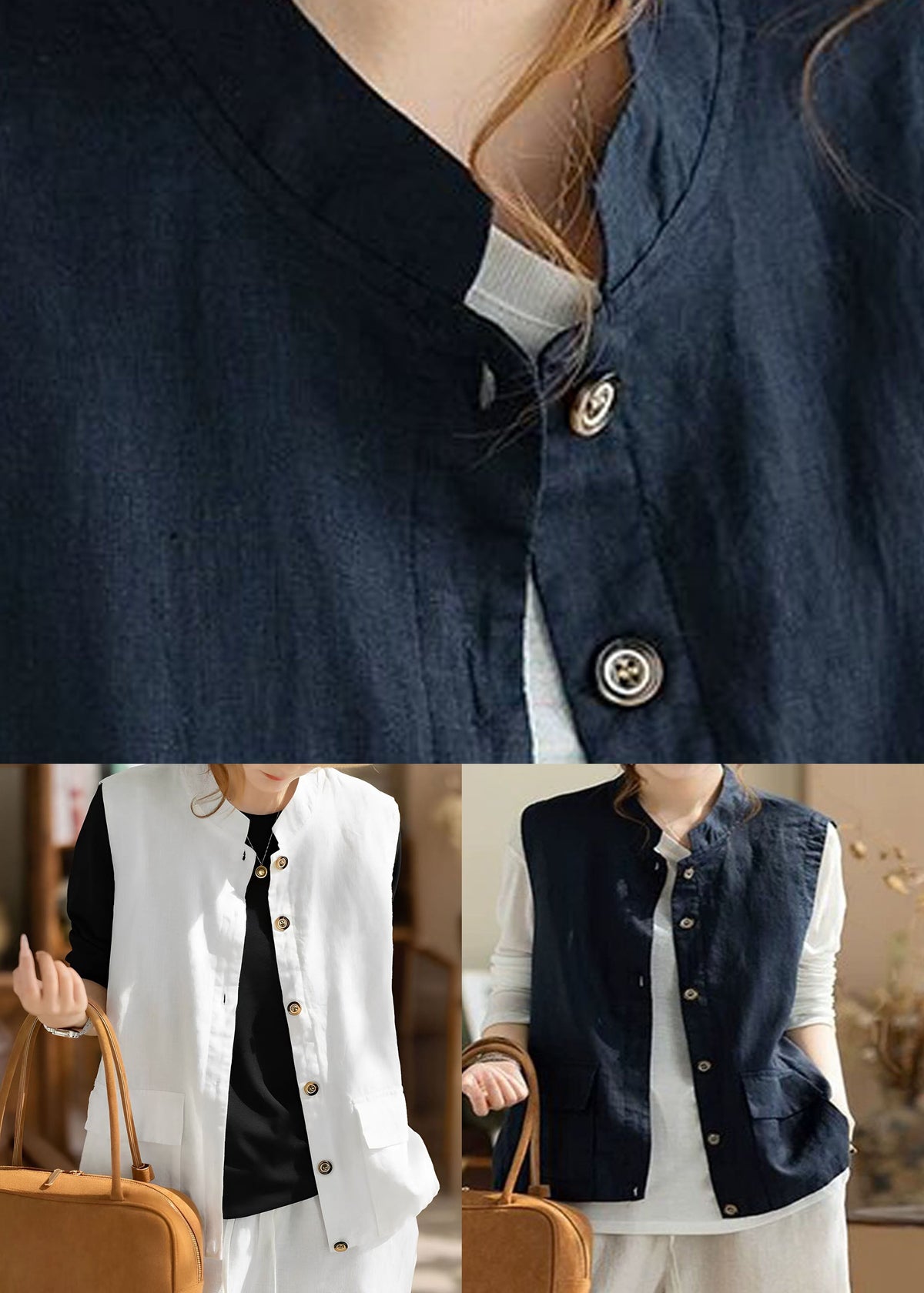 White Patchwork Button Solid Waistcoat Fall