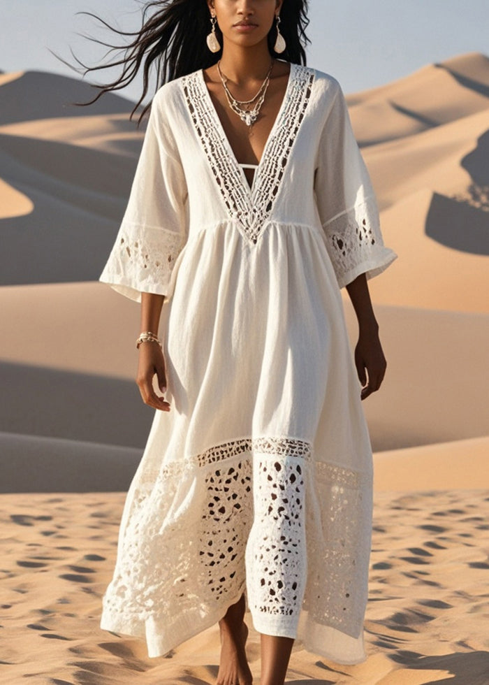 White Patchwork Cotton Long Dress Hollow Out Spring