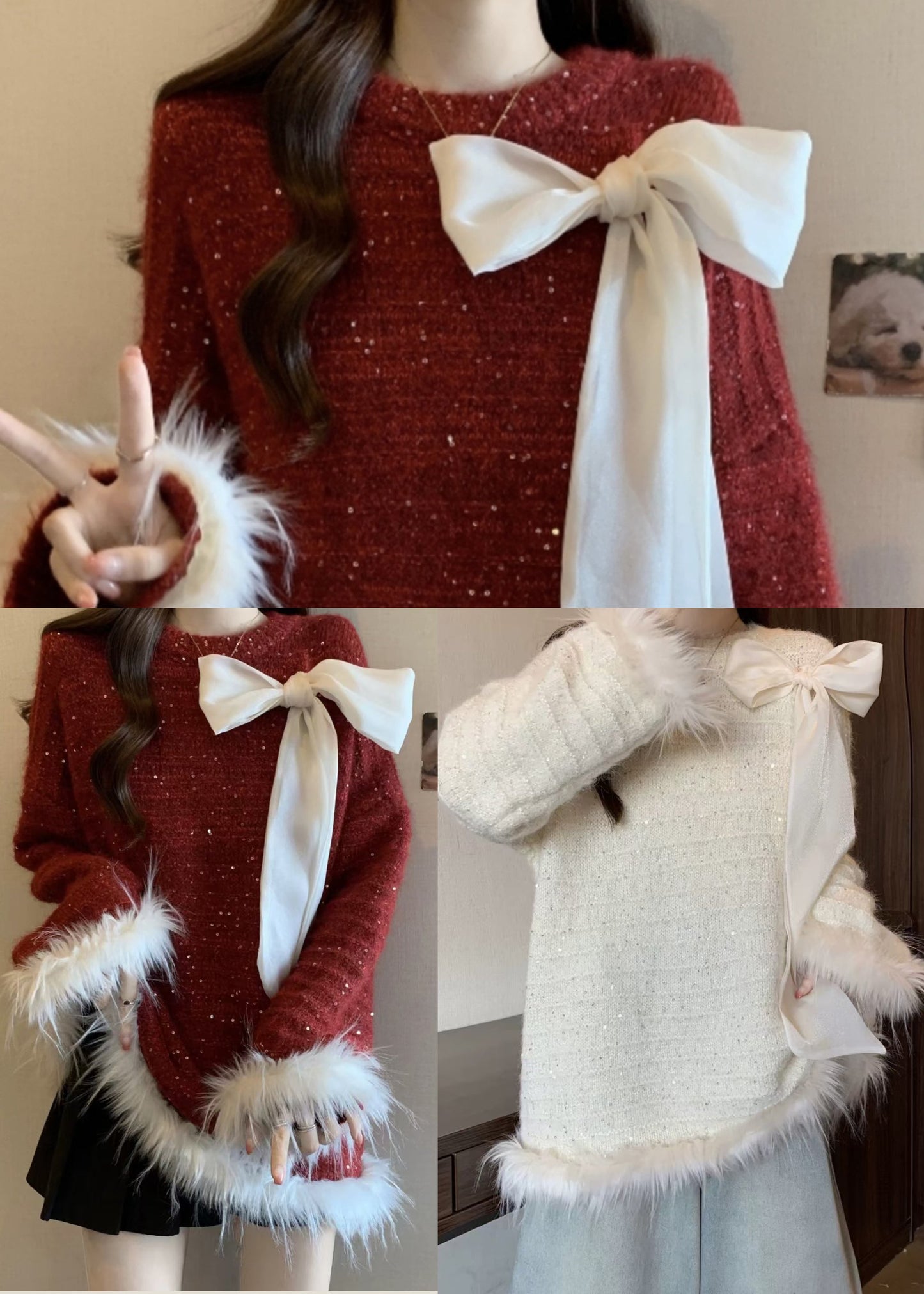 White Patchwork Faux Fur Knit Trendy Sweaters Oversized Fall