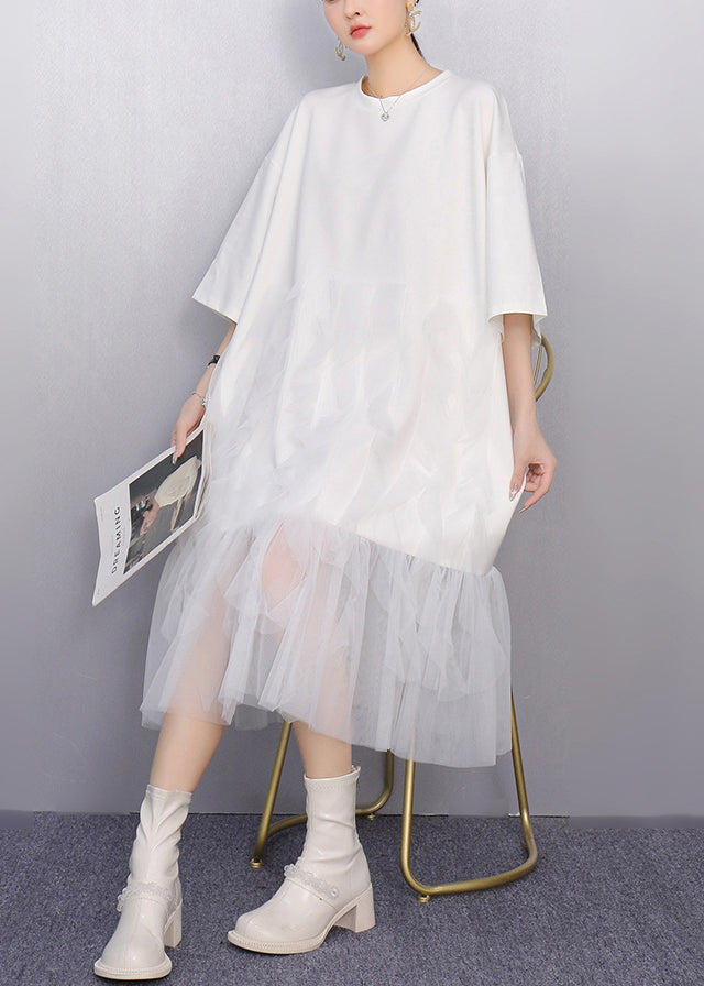 White Patchwork Tulle Vacation Dresses Oversized Summer