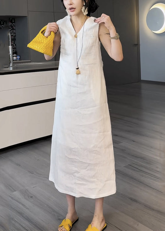White Pockets False Two Pieces Cotton Long Dress V Neck Summer