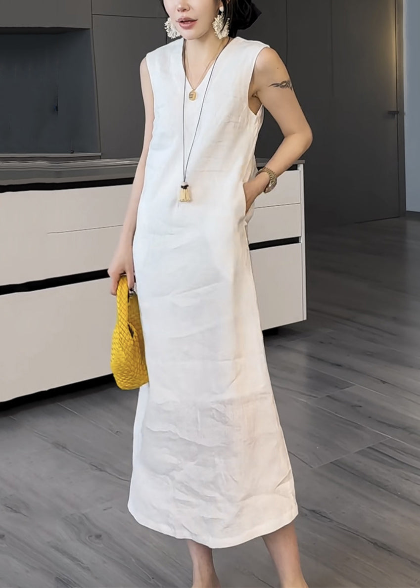 White Pockets False Two Pieces Cotton Long Dress V Neck Summer