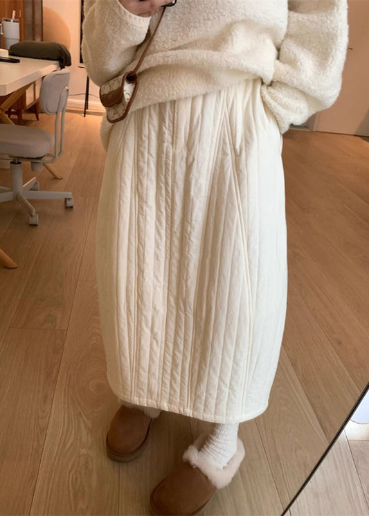 White Pockets Solid Cotton Filled Skirts Winter Elastic Waist