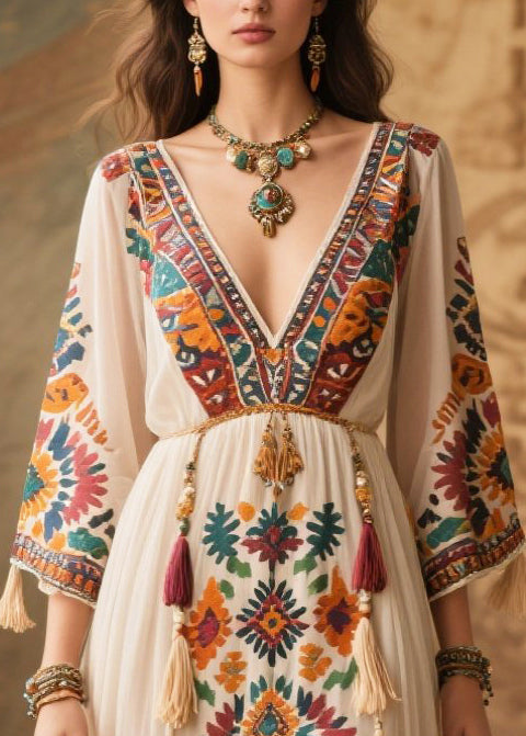 White Print Chiffon Maxi Dresses Tasseled Bracelet Sleeve