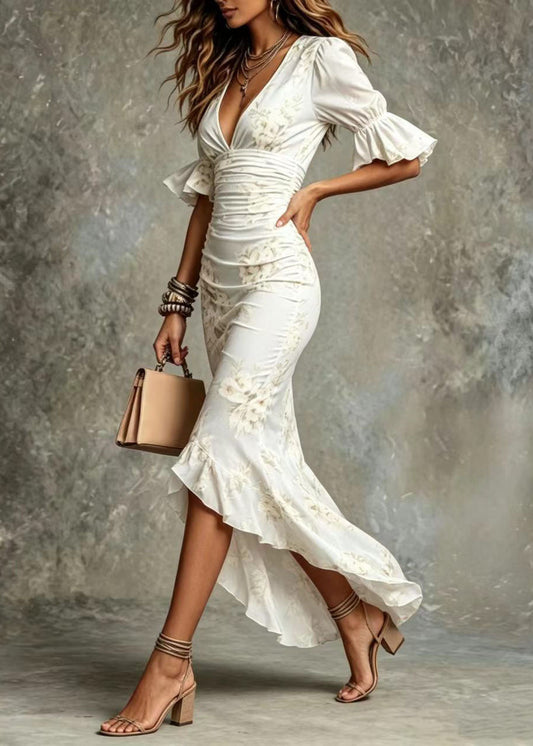 White Print Holiday Dress V Neck Ruffled Flare Sleeve