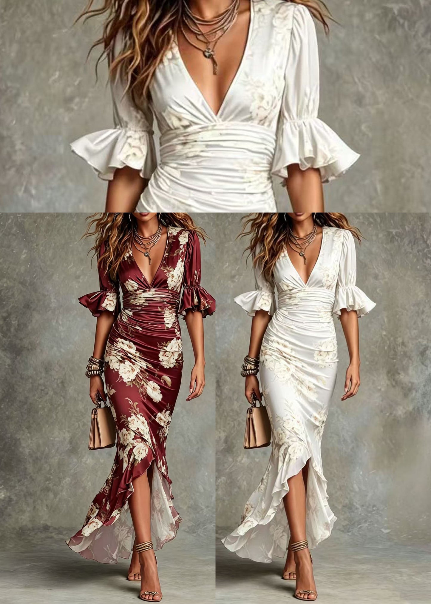White Print Holiday Dress V Neck Ruffled Flare Sleeve